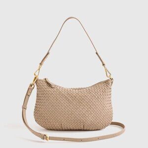 Quince Italian Leather Convertible Crescent Handwoven Shoulder Bag in Taupe